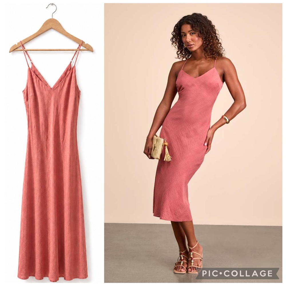 Lulu’s Tamia Rusty Rose Textured Midi Slip Dress Satin Bias Cut Bodycon Large